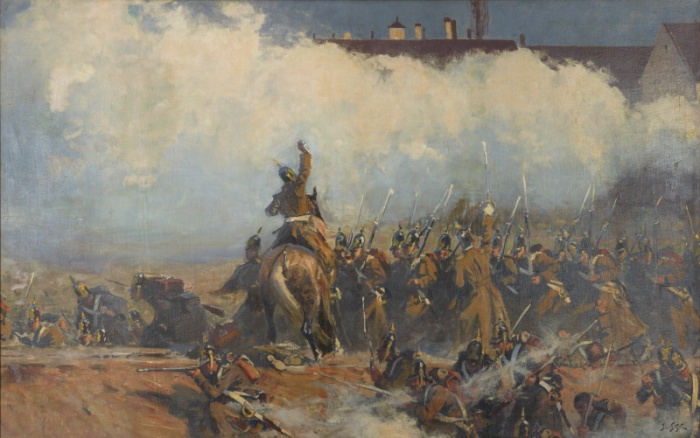 Rosyjska piechota w natarciu, prowadzona przez konnego dowódcę - fragment Panoramy Siedmiogrodzkiej