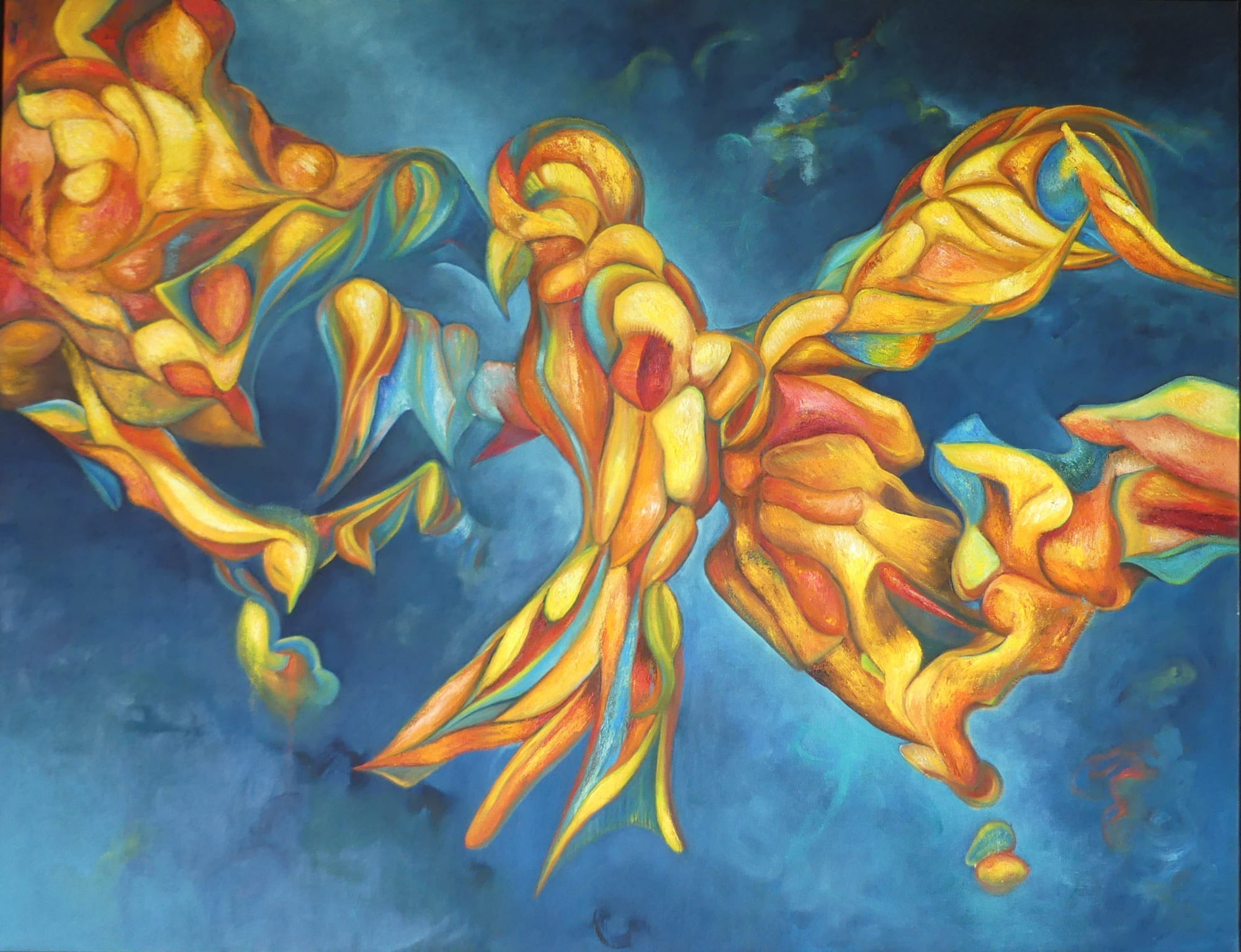 Abstrakcyjne formy przypominające ptaka na niebieskim tle