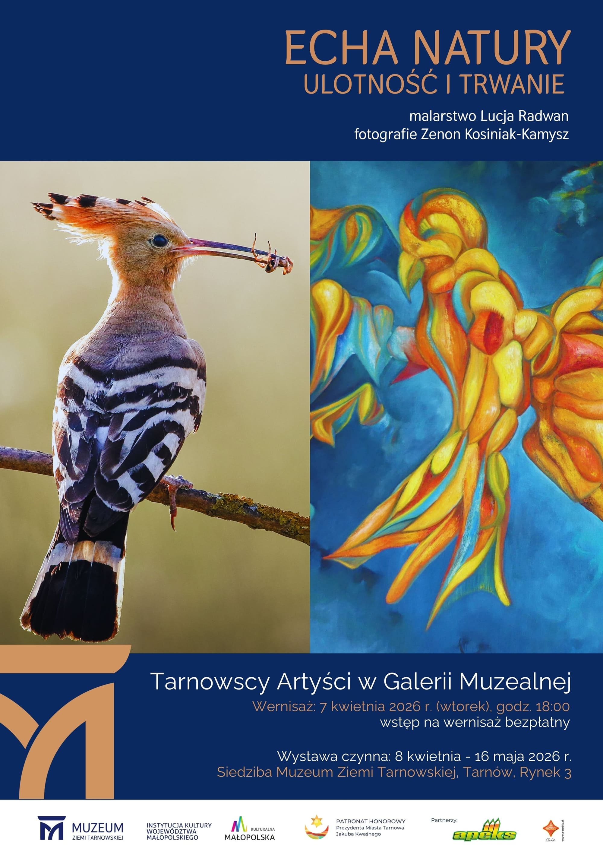 Plakat wystawy przedstawiający dudka oraz fragment obrazu z malarskim przedstawieniem ptaka