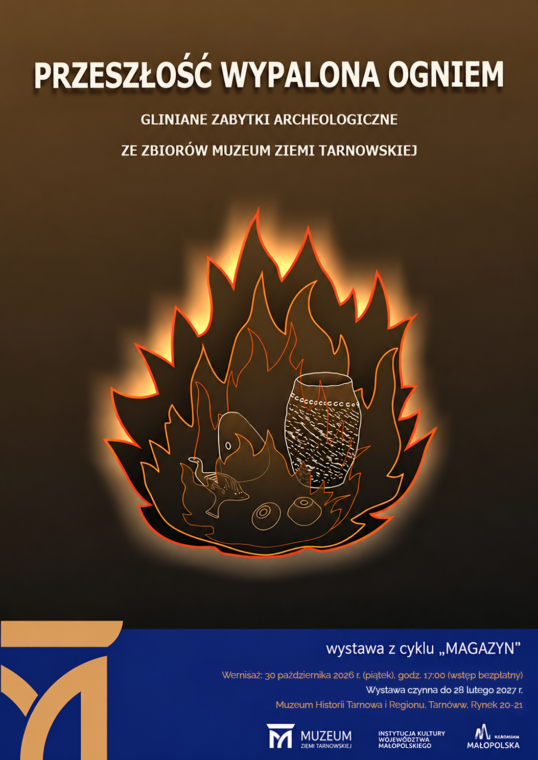 plakat wystawy, graficznie przedstawienie wypalania przedmiotów w ogniu