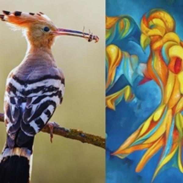 fragment plakatu ze zdjęcie ptaka Dudka siedzącego na gałęzi oraz fragamnt obrazu symbolicznie przedstawiającego ptaka w żółtym kolorze na niebieskim tle