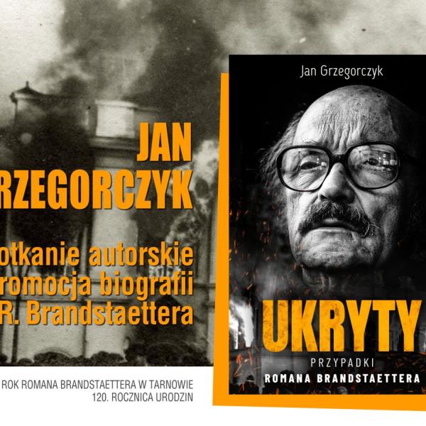 Grafika promująca wydarzenie, na niej okładka książki ze zdjęciem Brandstaettera 