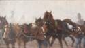 obraz przedstawia zaprzęganie koni przez dwóch mężczyzn. Dominuje brązowy kolor.