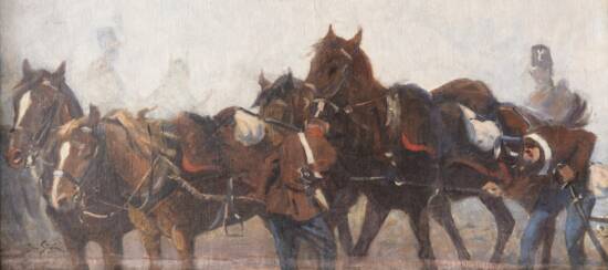 obraz przedstawia zaprzęganie koni przez dwóch mężczyzn. Dominuje brązowy kolor.