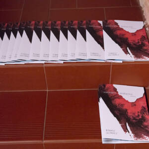 Na schodach z czerwonych płytek leżą katalogi w formacie A4 . Okładka katalogu jest biała z czerwoną plamą akwareli.