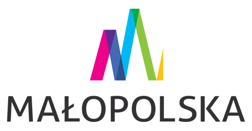 Logo Małopolski u góry kolorowa szarfa układająca się w literę M poniżej napis Małopolska