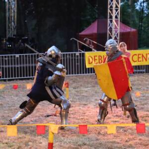 Dwóch rycerzy walczą ze sobą na trawiastym polu. Po lewej rycerz w zbroi wykonuje zamach. Rycerz po prawej zasłania się tarczą.