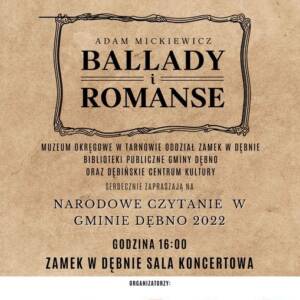 Plakat dotyczący Narodowego Czytania. Na starym papierze napis Adam Mickiewicz Ballady i romanse. Na dole logotypy organizatorów.