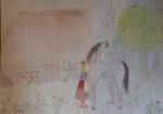 rysunek przedstawiający dziewczynę i konia - w tle chata