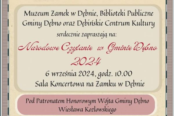 Narodowe Czytanie – Lekturą tegorocznej odsłony będzie “Kordian” Juliusza Słowackiego odbędzie się 6 września o godz. 10.00 na Zamku w Dębnie