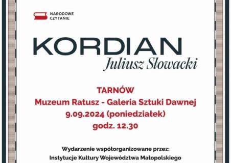 Narodowe czytanie “Kordiana” Juliusza Słowackiego Muzeum Ratusz – Galeria Sztuki Dawnej w poniedziałek 9 września 2024 r. o godz. 12.30